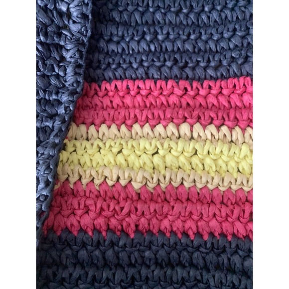 Talbots Large 14” Natural Woven Straw Tote Beach Bag Navy Magenta Yellow - Picture 7 of 8
